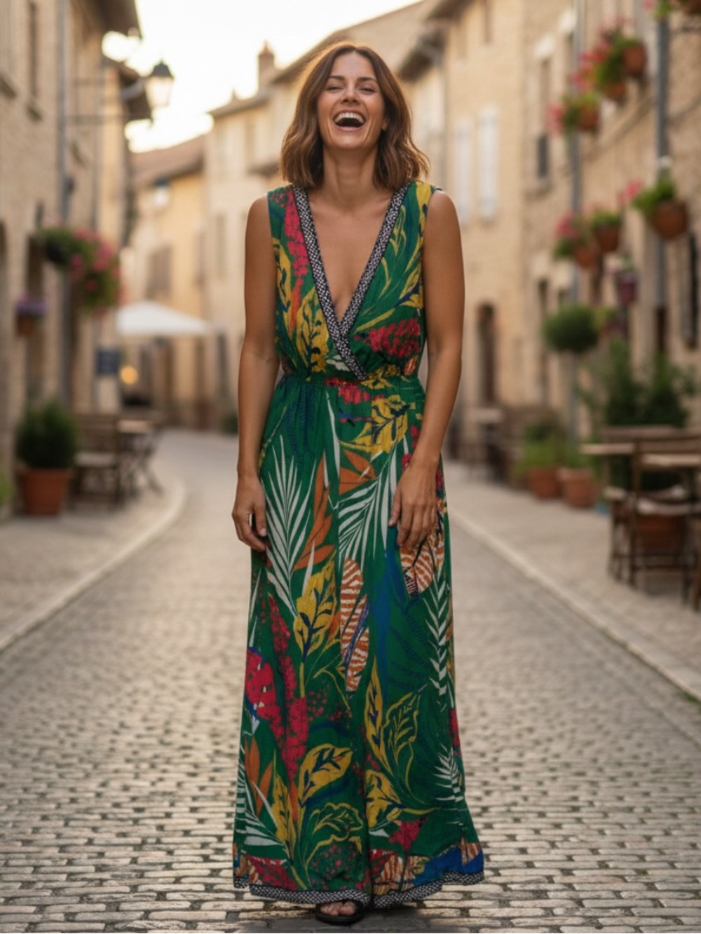 Flying Tomato by Anthropologie Green Tropical Print Jumpsuit with Plunging V-Nec